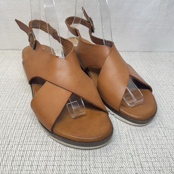 BERTUCHI Caramel Tan Leather Crossover Slingback Buckle Wedge Sandals 8 - Picture 2 of 6